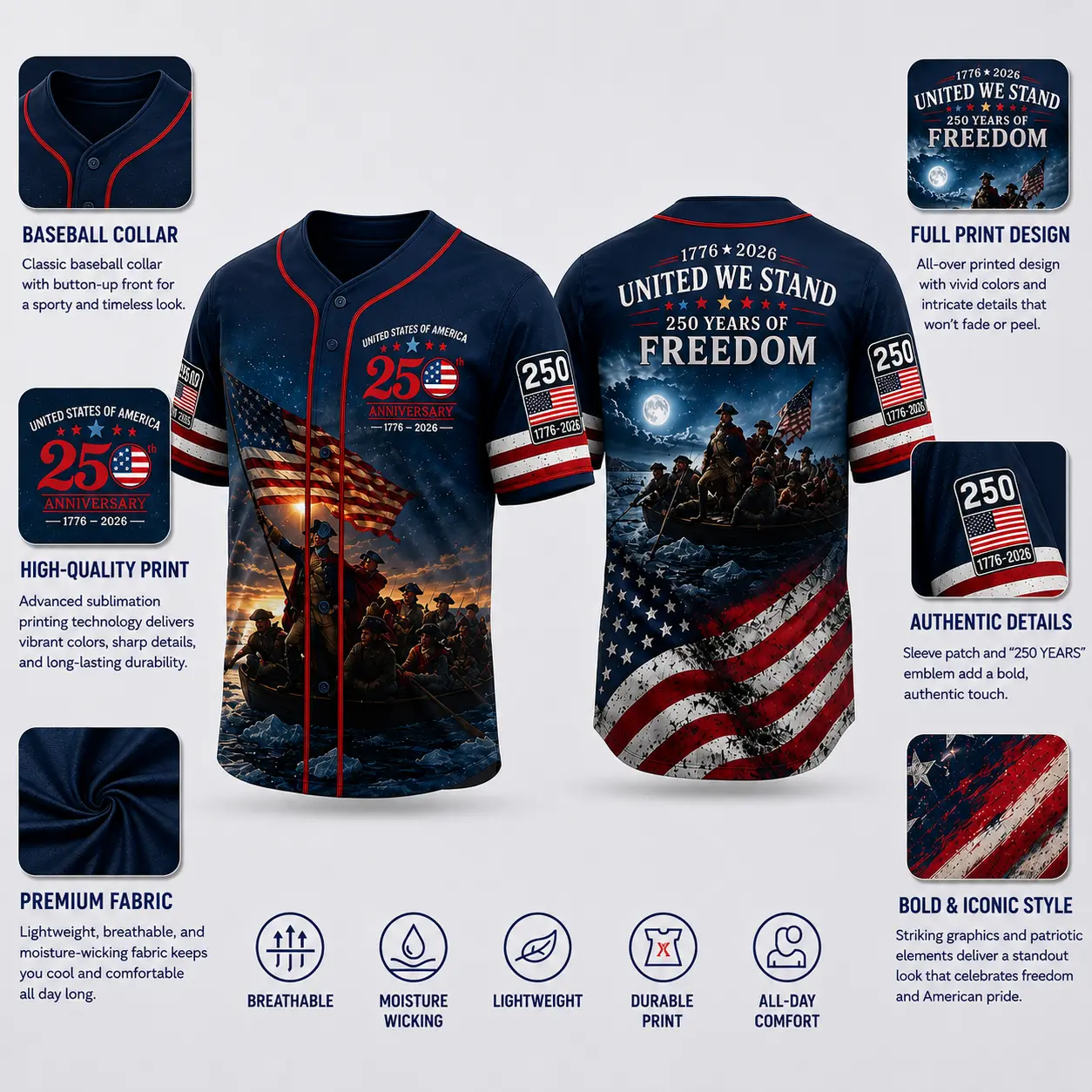 United We Stand America 250th Anniversary Baseball Jersey | 250 Years of Freedom Patriotic 1776 - 2026 Shirt