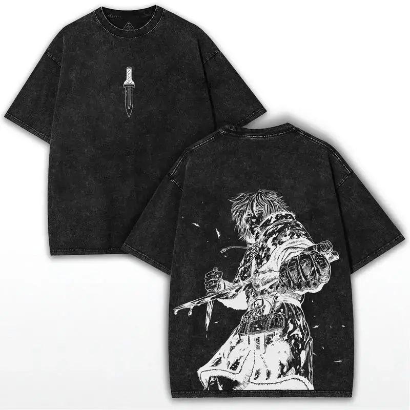 Vinland Saga Anime Men's Oversized Round Neck Shortsleeve Cotton Fashion T-Shirt - Stylish Darkcore Warrior Top with Bold Back Art Print, Washed Streetwear Menswear Casual Top