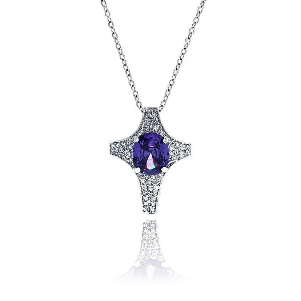 925 Sterling Silver Tanzanite CZ Rhodium Plated Cross Pendant Necklace