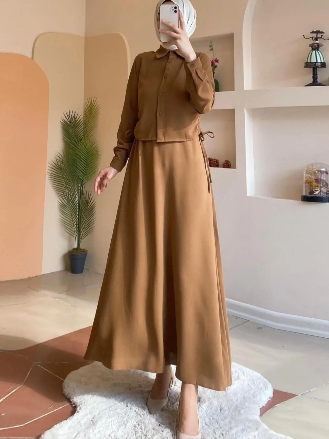 Women's Solid Button Front Drawstring Shirt & Elastic Waist Skirt Two-piece Set, Casual Long Sleeve Collared Top & A Line Skirt for Daily Wear, Ladies