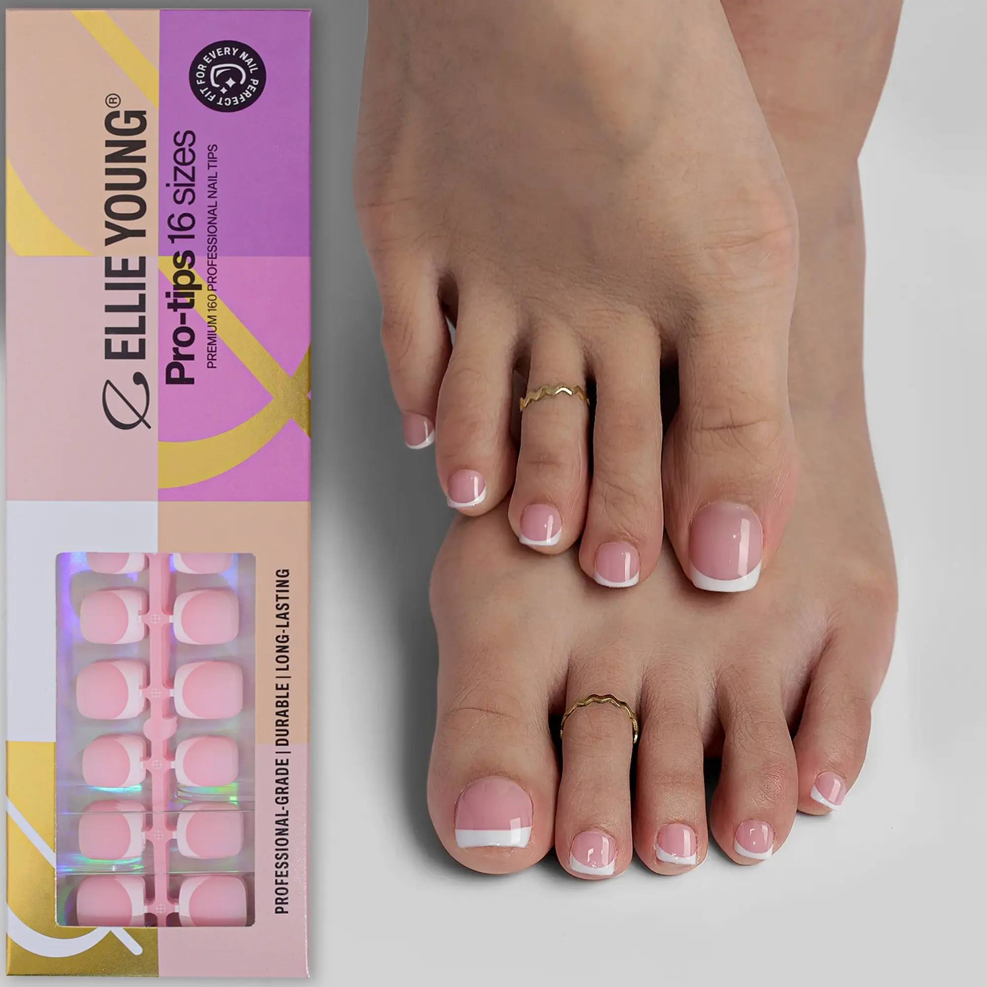 ELLIE YOUNG PRO TIPS Short Square  White French Toenail Tips with Pink Base, Soft Gel Nail Tips, 160pcs Press-On Nails Kit with 16 Sizes, Matte Acrylic Look, Salon Quality Finish, At-Home Manicure, Trendy French Style, Diy Fake Nails