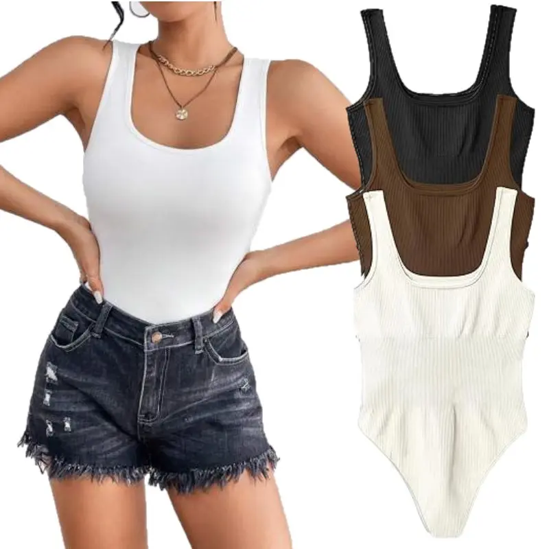 Ladies' 3-Piece Seamless Bodysuits, Simple Ribbed Square Neck Tank Tops, Stretchy Everyday Outfits for Denim Pairing