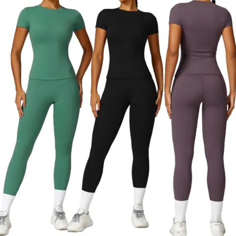 Women's 2-Piece Lightweight Activewear Set - Short Sleeve Yoga Crop Top T-Shirt, High Waist Running Leggings, Female Workout Set for Gym, Activewear Fitness Outfit, Fitness Compression Clothing