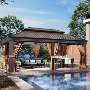 【Ships in 7 Packages】Aoxun 12' X 20' Permanent Hardtop Gazebo Aluminum Gazebo with Galvanized Steel Double Roof for Patio Lawn and Garden, Curtains and Netting Included, Brown