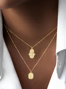 Women's Stainless Steel Layered Necklace Set, Elegant Pave Zirconia Block Letter Hand Pendant Design, Chain, All-Season Jewelry Accessory