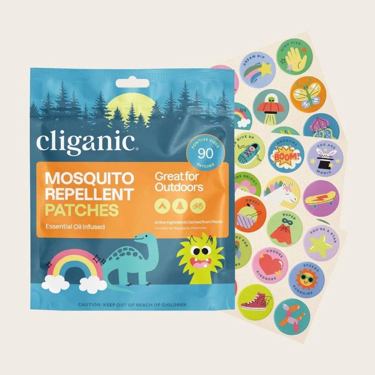 Cliganic Natural Mosquito Repellent Patches (Positive Vibes) - DEET-Free, Travel-Friendly Stickers for Kids & Adults with Citronella Oil