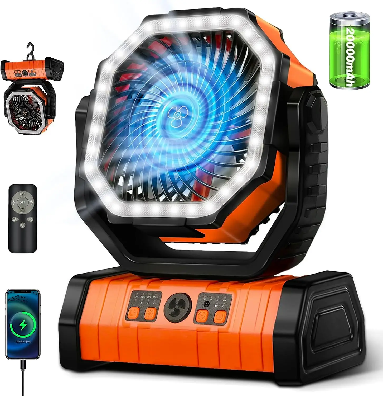 20000mAh Camping Fan with LED Light & Remote Control | Auto-Oscillating 270° Portable Power Bank Desk Fan with Hook & Timer | USB Rechargeable 4-Speed