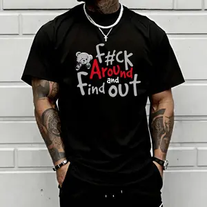 Men’s “Fuck Around and Find Out” graphic T-shirt with teddy bear print, soft cotton blend, perfect for streetwear lovers, bold style fans, and casual everyday outfits.