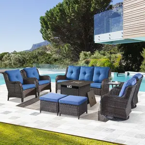 Belord 9-Piece Wicker Patio Set with Fire Pit Table & Swivel Chairs, NTC Series