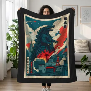 Retro Godzilla Velveteen Blanket, Movie Lover Throw
