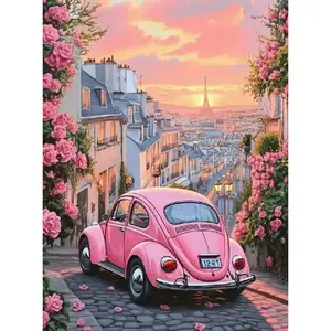 5d Diy French City Scenery Pink Car Full Round Diamond Painting Kit Mosaic Portrait Art Full Drill Diamonds Embroidery Craft,Living-Room Decor,Frameless