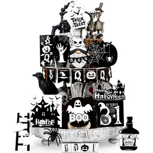 22 Piece Halloween Spooky Layered Tray Decor Set, Farmhouse Style Ghost Decoration, Wooden Signs, Rustic Indoor Tabletop Display