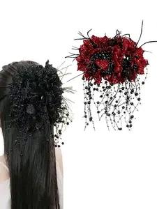 Elegant Large Floral Bow Hair Claw Clips with Beads & Tassels, Perfect for Weddings Parties & Daily Wear, Stylish Hair Accessories for Women & Girls, Barrettes Hair Clips, Prom Mom Hair Clip, Wedding Hair Decor