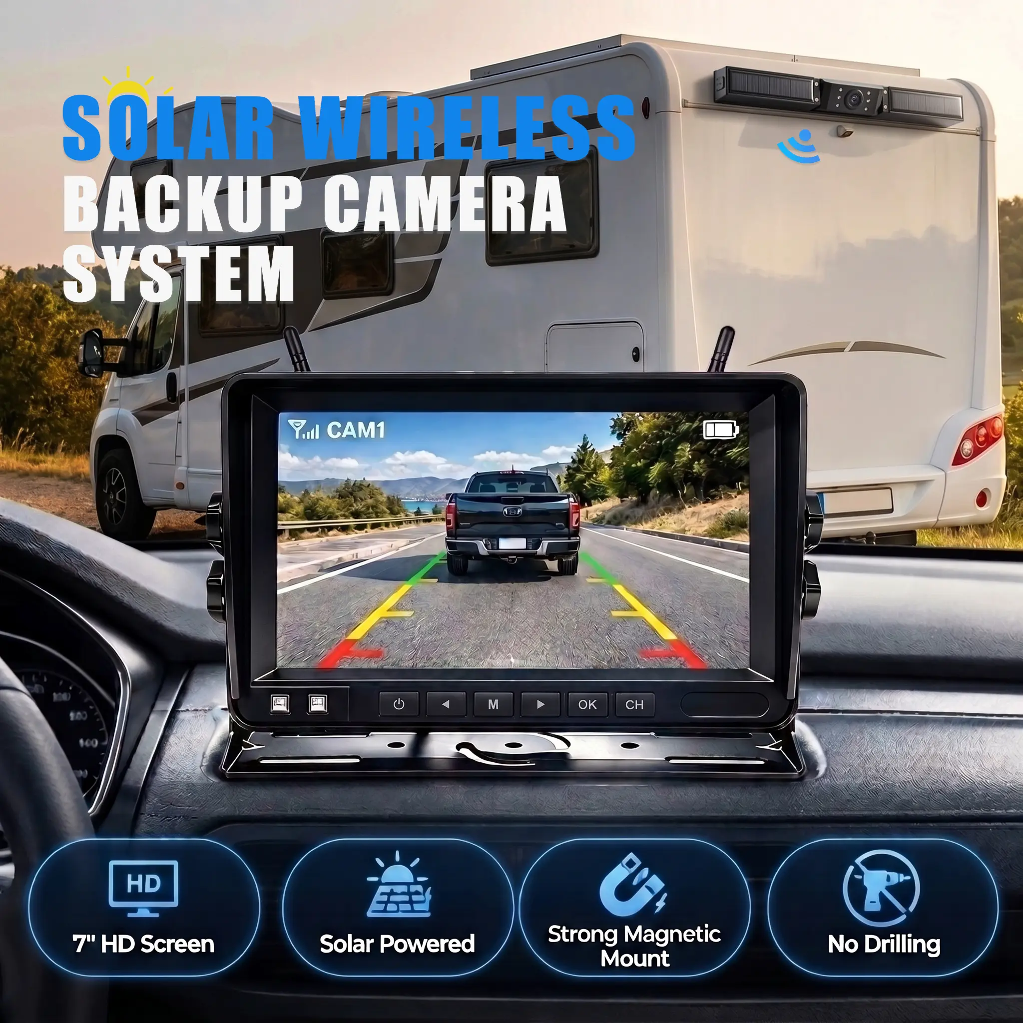 Solar Magnetic Wireless Camera - No Drill, 7" HD Rechargeable Backup Camera System with Night Vision for RV/Truck/Trailer/Houseboat