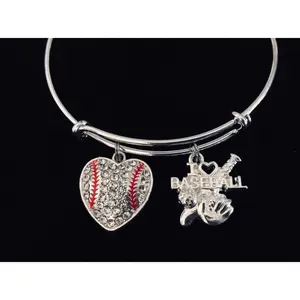 I Love Baseball Jewelry Heart Rhinestone Expandable Charm Bracelet Silver Adjustable Bangle One Size Fits All Baseball Coach Gift