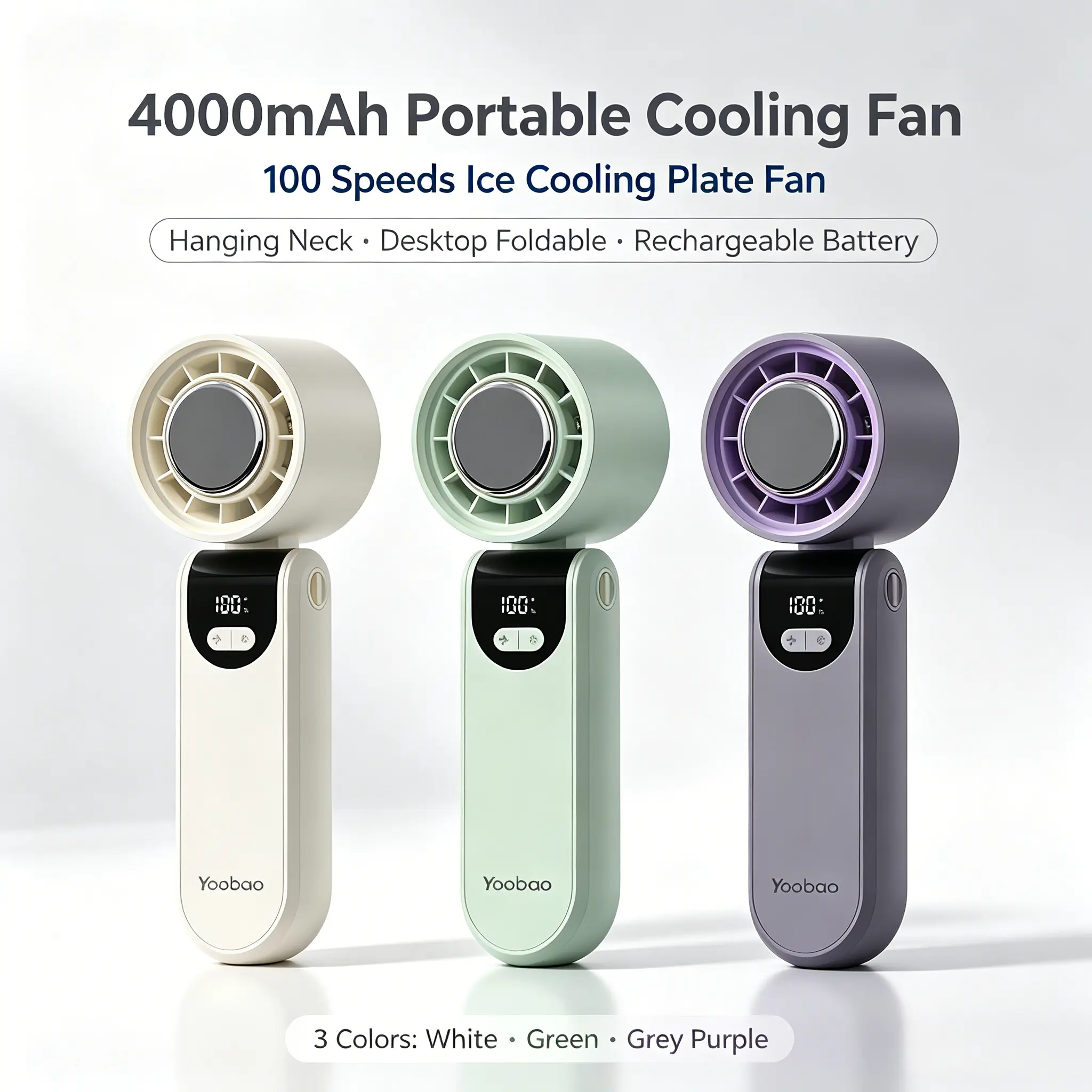 4000mAh Lithium-Ion Battery Mini Portable Cooling Fan - Ice Blade Design, 100 Adjustable Speed Levels, LED Display, USB-C Interface, Foldable Desktop Design, Lanyard Included - Ideal for Travel, Outdoor Use, Mini Portable Fan
