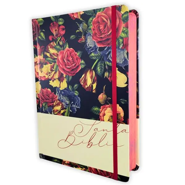 Biblia de Apuntes con Margen Amplio Reina Valera 1960 tapa dura azul marino floral con canto rojo floral