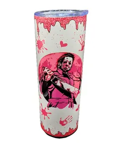 Michael Myers Halloween The Shape Pink Glitter Valentines 20oz Stainless Steel Tumbler w/Straw and Lid Drinkware Insulated Portable Mug