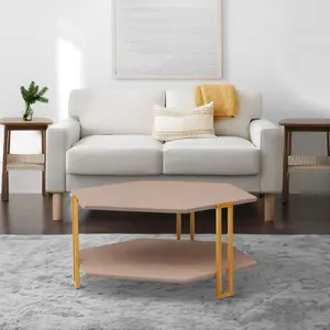 36 Inch Hexagonal Modern Coffee Table, Wood Top and Shelf, Gold Metal Legs