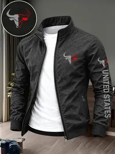 Men's Fashion Letter Flag Print Jacket, Casual Long Sleeve Outerwear, Business Style Sports Coat, Slim Fit, Perfect Gift for Him