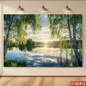 1pc Lightweight Polyester Willow Lake Sunrise Banner - Colorful Birch Trees, Reflective Water Print, Multi-Size Home Ornaments, Festive & Party Backdrop Wall Decoration