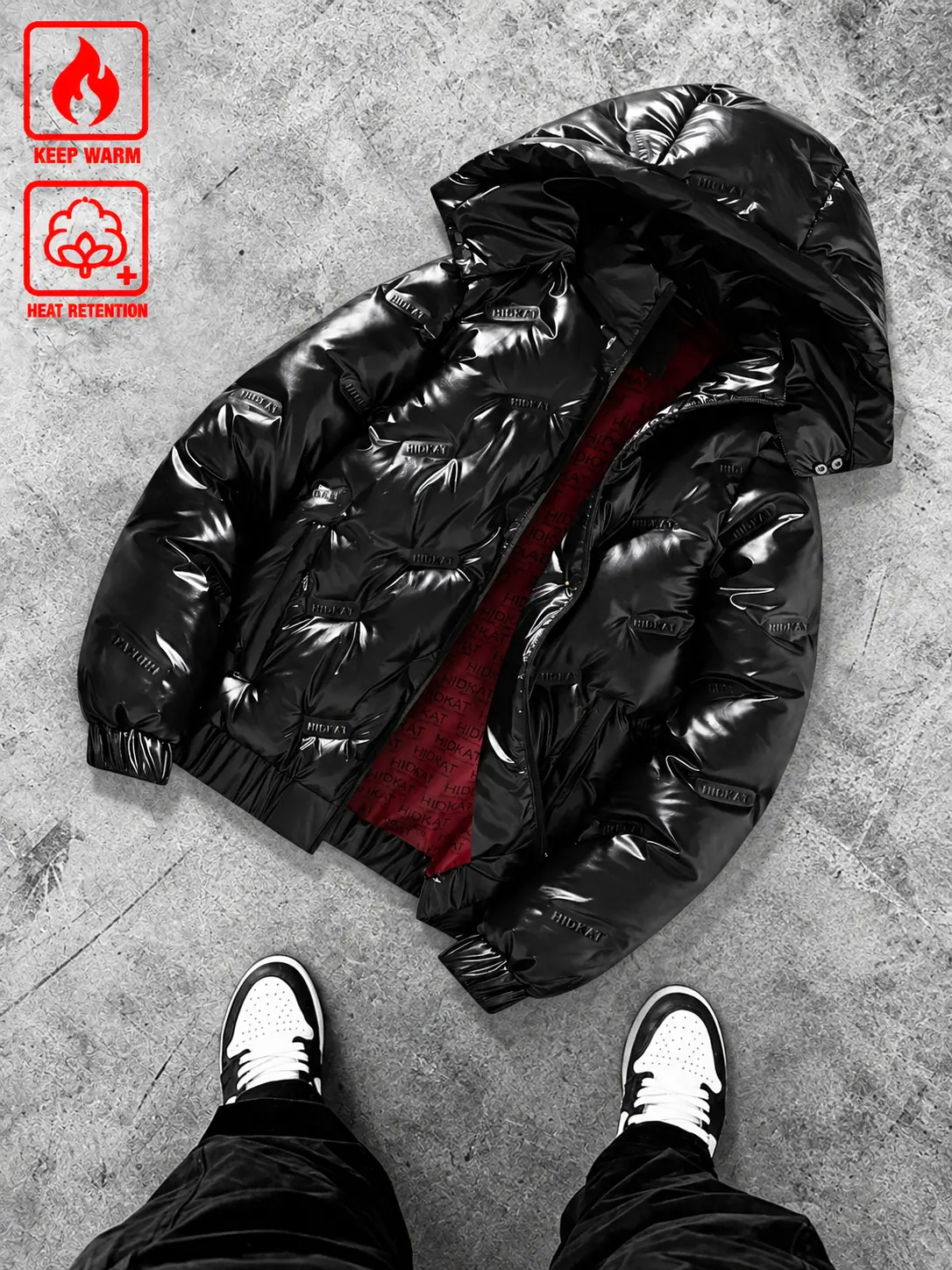 Men's Stylish Glossy Hooded Puffer Jacket - Menswear Tops with Detachable Hood, Full Zip Front, Embossed Patch, Elastic Cuffs, Elastic Hem for Winter Casual Outings, Cold Weather Layering