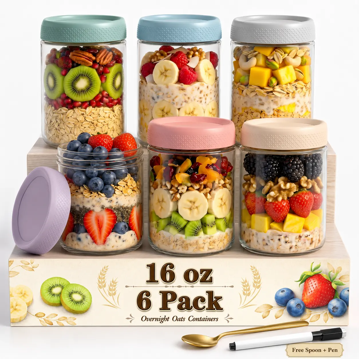 AISOON 6-Pack 16 oz Wide-Mouth Glass Overnight Oats Containers - Airtight, Leak-Proof Food Storage Jars, Stackable Reusable Kitchen Supplies for Meal Prep, Yogurt