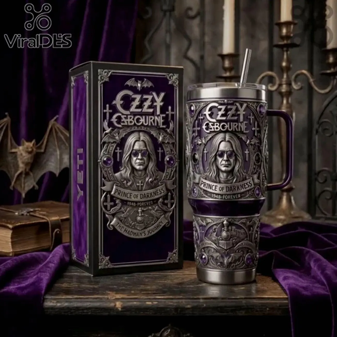 Ozzy Osbourne Prince of Darkness Embossed Stainless Steel Handle Tumbler