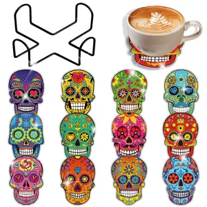 12-Piece DIY Diamond Painting Coaster Kit, Skull 5D Diamond Art Kit, Includes Storage Rack, Tool Kit, and Cork Mat, Suitable for Adults.