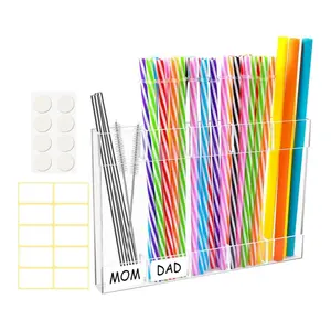 A transparent acrylic straw dispenser storage box, made of thickened material for reuse, with label stickers and adhesive, wall-mounted to save space, suitable for storing straws and knives and forks in kitchen counters, cafes, and restaurant cabinets