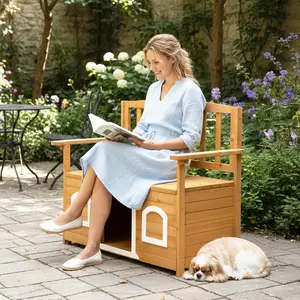 【Father's Day Gift】Outvita Wooden Outdoor Storage Bench with Built-in Dog House, Dog Kennel Bench with Seating for Patio Backyard Balcony Summervibes