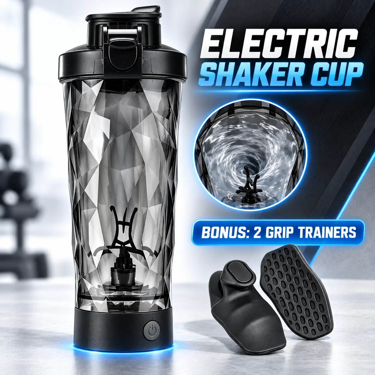 Electric Automatic Protein Shaker Bottle - Self-Mixing Sports Water Bottle for Protein Powder, Pre-Workout Drinks, Portable Fitness Accessory with 1 Pair of Hand Grippers, Fitness Gift