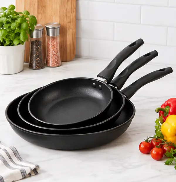 3-Piece Nonstick Aluminum Skillet Set, Black Frying Pans for Everyday Cooking