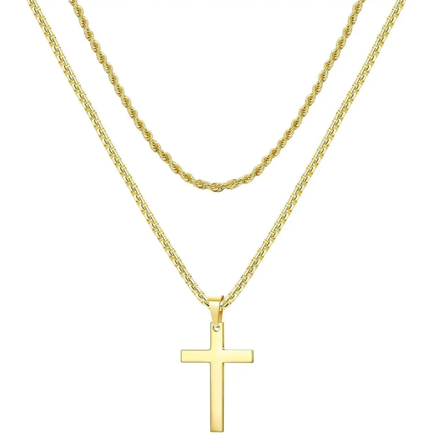 Cassieca 316L Stainless Steel Layered Rope Chain Cross Necklace - Men's Jewelry, Chains, Casual Daily Wear Crucifix Motif Accessory Gift