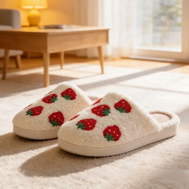 Women's Retro Strawberry Pattern Plush Memory Foam Home Slippers - Fluffy Warm Lined, Anti-Slip Slide Footwear for Indoor Winter Wear, Cow, Slip On, Ankle, Basic, Chic
