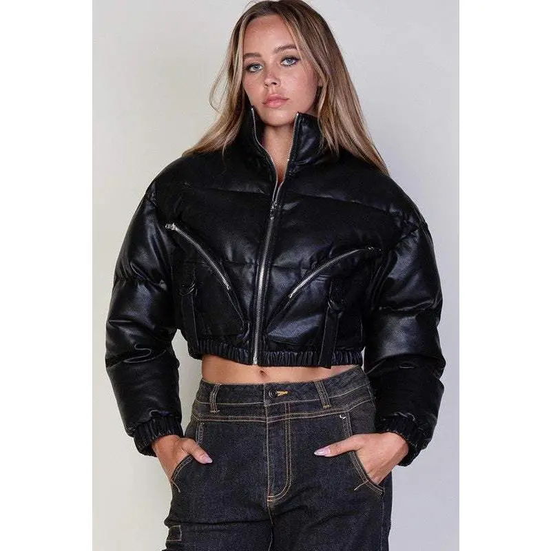 Vegan Leather Crop Bomber Jacket