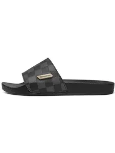 Men's Fashion One-Step Flat Slippers, Comfortable Patchwork Design Slides, Gingham Boho Style, Durable Daily Wear, Casual Outdoor & Home Use, Comfy Footwear, Footwear, Slippers Shoe