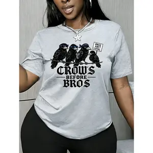 100% cotton women's short-sleeve top with a fun crow print, "CROWS BEFORE BROS" dark style brother print, round neck, comfortable, soft, breathable, suitable for spring, summer, and autumn