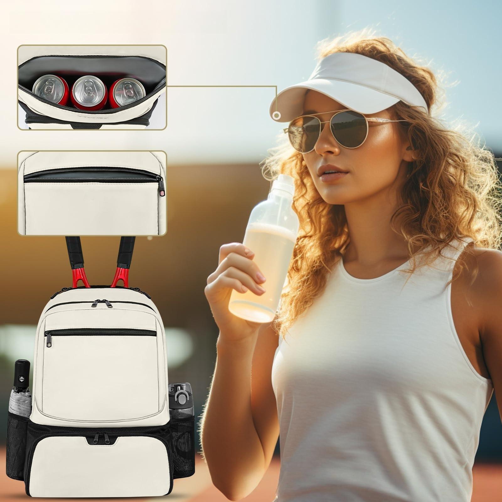 NEW Large Capacity Tennis Backpack Sports Racket Pack Holds 1-2 Tennis Rackets Outdoor Badminton Bag With Shoe Pocket Beige,Mother's Day Gift