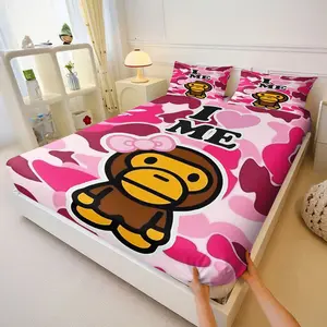 3Pcs Pink and Dark Red Camouflage Fitted Sheet Set, Featuring Cute Cartoon Monkey with 'I Love ME' Text, Trendy Pastel Aesthetic, Soft and Durable Fabric, Ideal for Stylish Bedroom Décor and Self-Love Vibes!Includes 2 Pillowcases, No Pillow Core