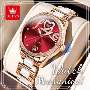 OLEVS 6686 Women’s Love-Themed Automatic Mechanical Watch, Red Dial with Romantic Relief & Crystals, Rose Gold Ceramic Band, Ideal Valentine's & Anniversary Gift