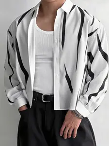 INCERUN Men's Fashion Casual Solid Color Fabric Shirt, Collared Asymmetric Print Long Sleeve Design, Suitable for Daily, Travel, Commuting