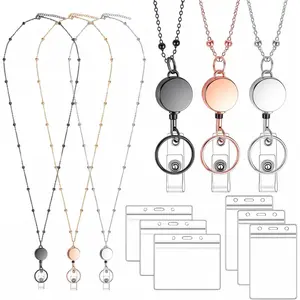 Lanyards for Id Badges 3 Pack Retractable Badge Lanyard with 6 Pcs Badge Holder Id Holders for Girl Women Men in Black Silver Rose Gold