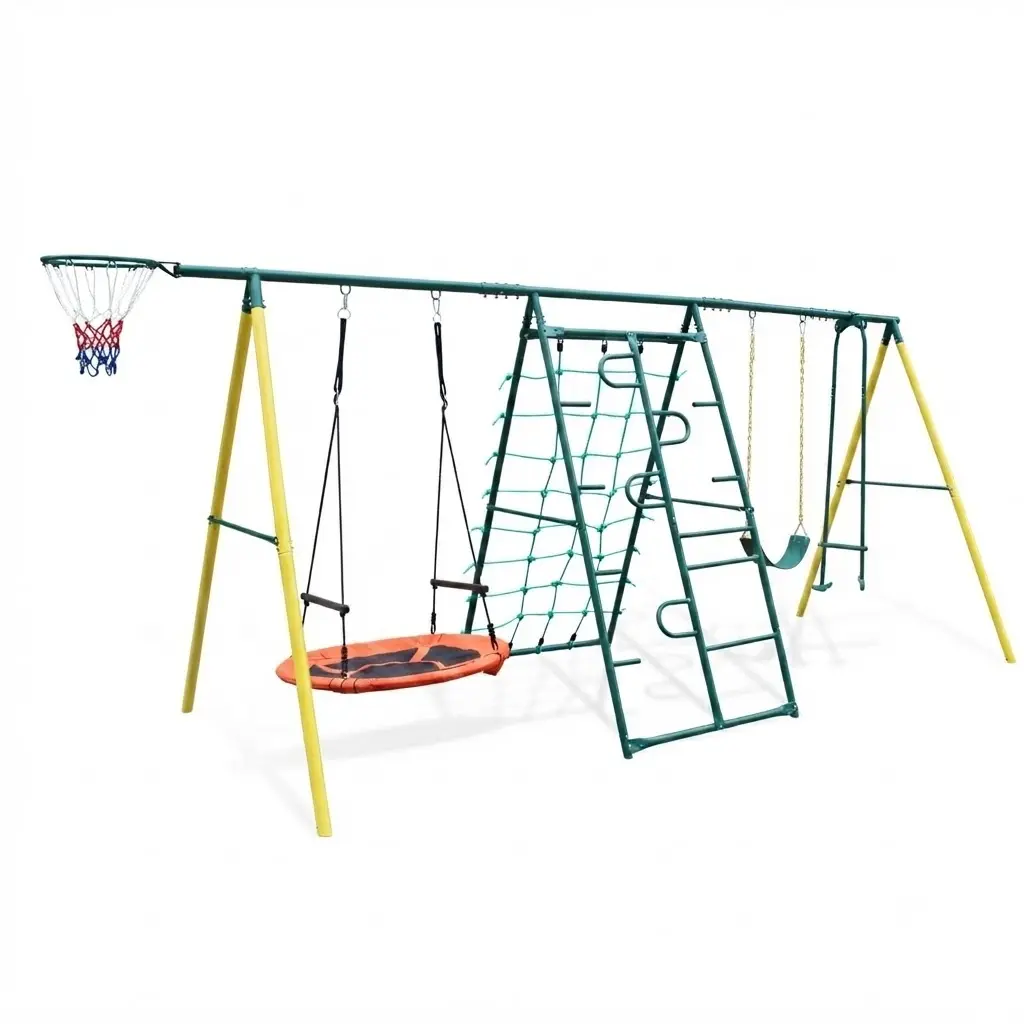 SAVEYOUR 6-in-1 Outdoor Multi-Activity Playset - Climbing Frame with Climbing Net, 2-Person Glider, Hammock, Belt Seat, Basketball Hoop - Sturdy Backyard Garden Entertainment Equipment