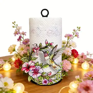 Hummingbird and Flower Floral Design Paper Towel Holder, Standing Paper Roll Holder with Anti-Slip Base, Iron Metal Design for Kitchen & Bathroom