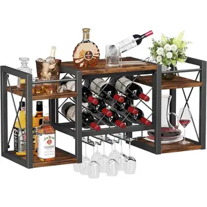 Wall Mounted Wine Rack with Glass Holder, Wood-Metal Retro Bar Shelf, Wine Bottles Display Wall Storage for Kitchen Dining Room Home Bar