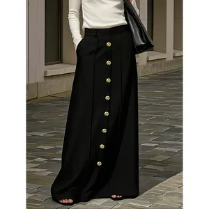 Elegant women’s A-line midi skirt, high-waisted slim-fit long skirt, artificial button side pockets, casual knit fabric