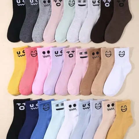 Random 10 Pairs Women's Cartoon Face Pattern Crew Socks, Casual Cute Moisture Wicking Soft Comfy Breathable Socks for All Seasons, Daily Sock Packs