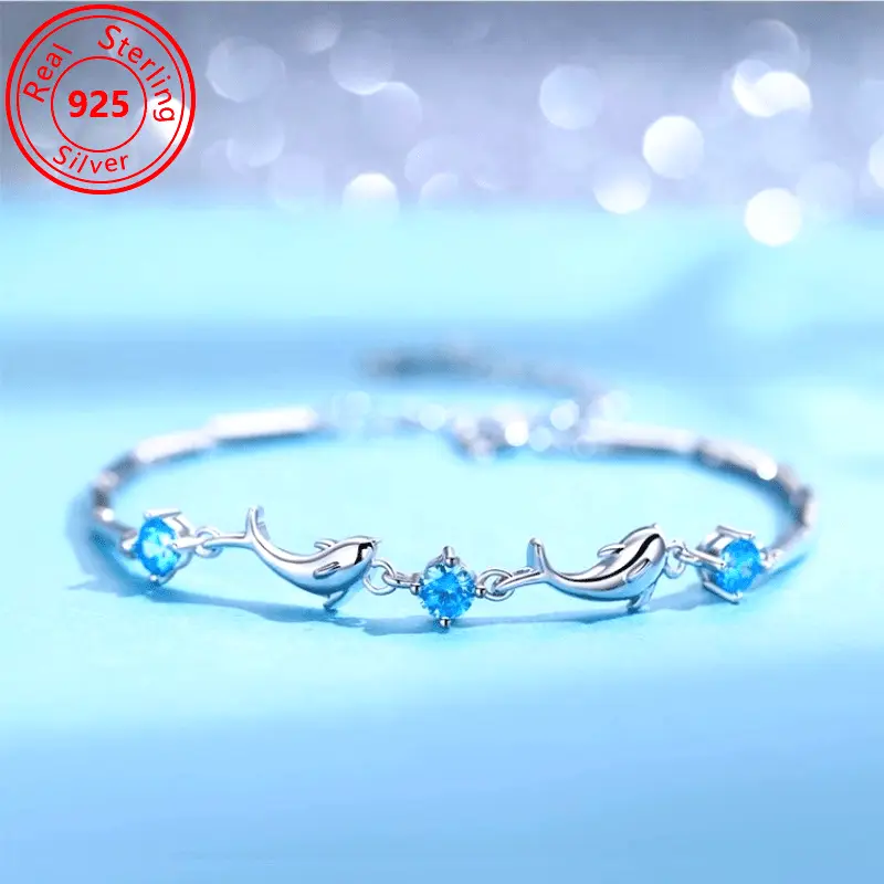 S925 Sterling Charm Bracelet for Women, 1 Piece Elegant Nautical Dolphin Design with Cubic Zirconia, Daily Stylish Gift Option, All Seasons, Single-Piece, Gift-Ready, Female, Dolphin Motif, Bangle, Simple, Stylish Gift Option