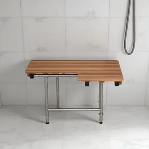 360 Stand Modern 18x32x22.5 in. Brown Teak Wood Rectangular Shower Bench with Adjustable Legs, Wall-Mount Indoor Furniture Stool